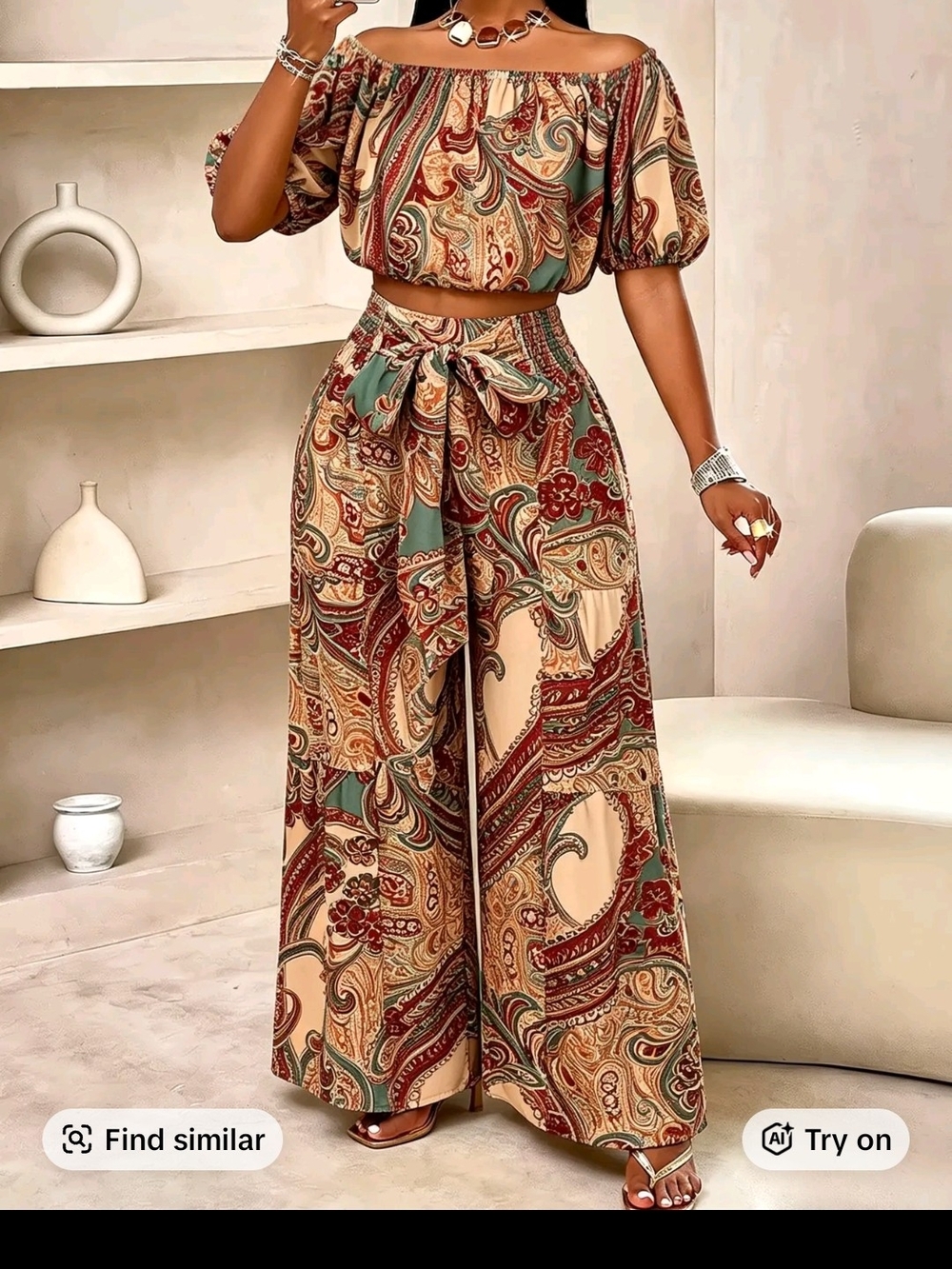 Paisley Off-Shoulder Crop Top & Wide-Leg Pants Set - Beige/Green/Red